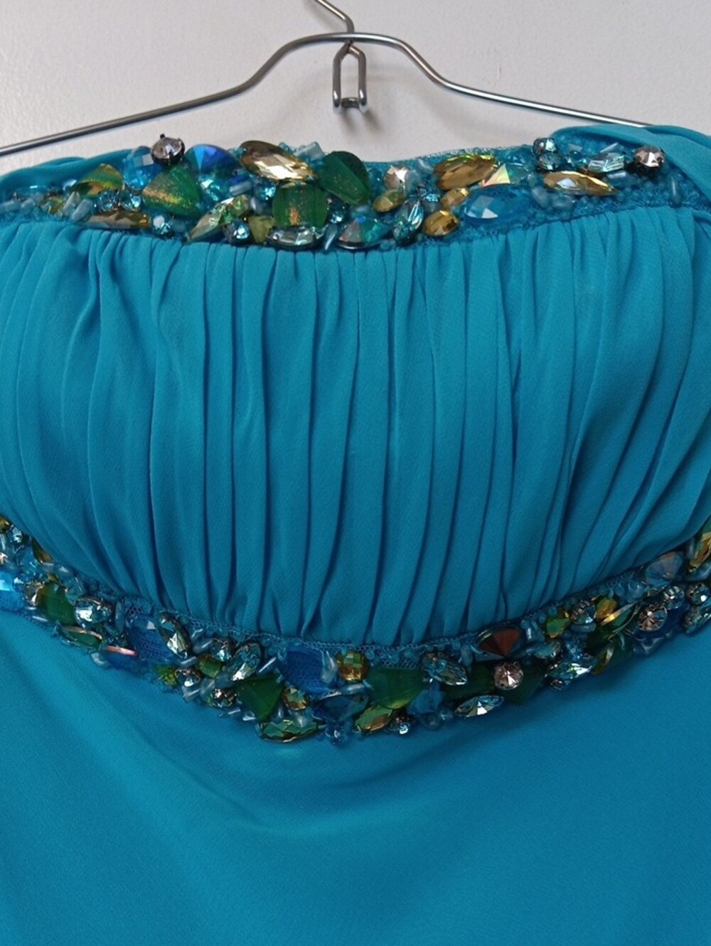 Strapless Aqua Evening Gown with Beaded Detail - Picture 6 of 13
